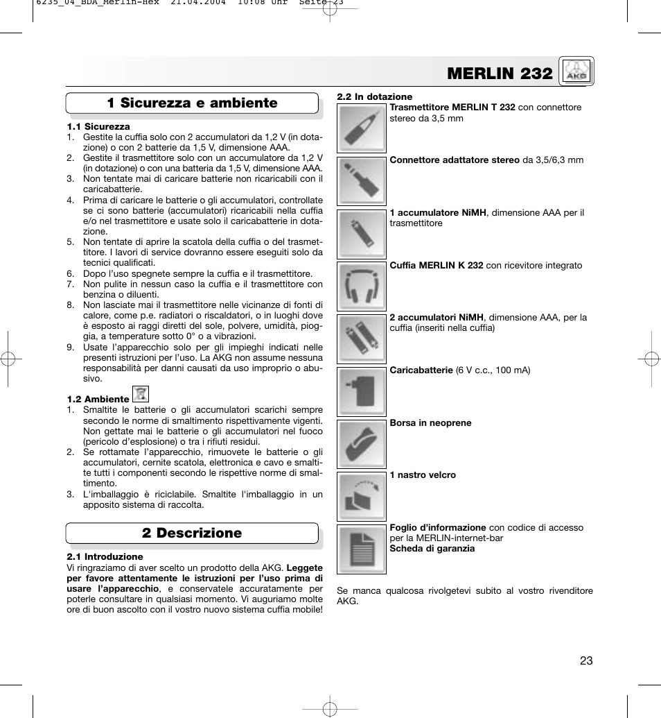 Merlin 232, 1 sicurezza e ambiente 2 descrizione | AKG Acoustics MERLIN 232 User Manual | Page 23 / 48