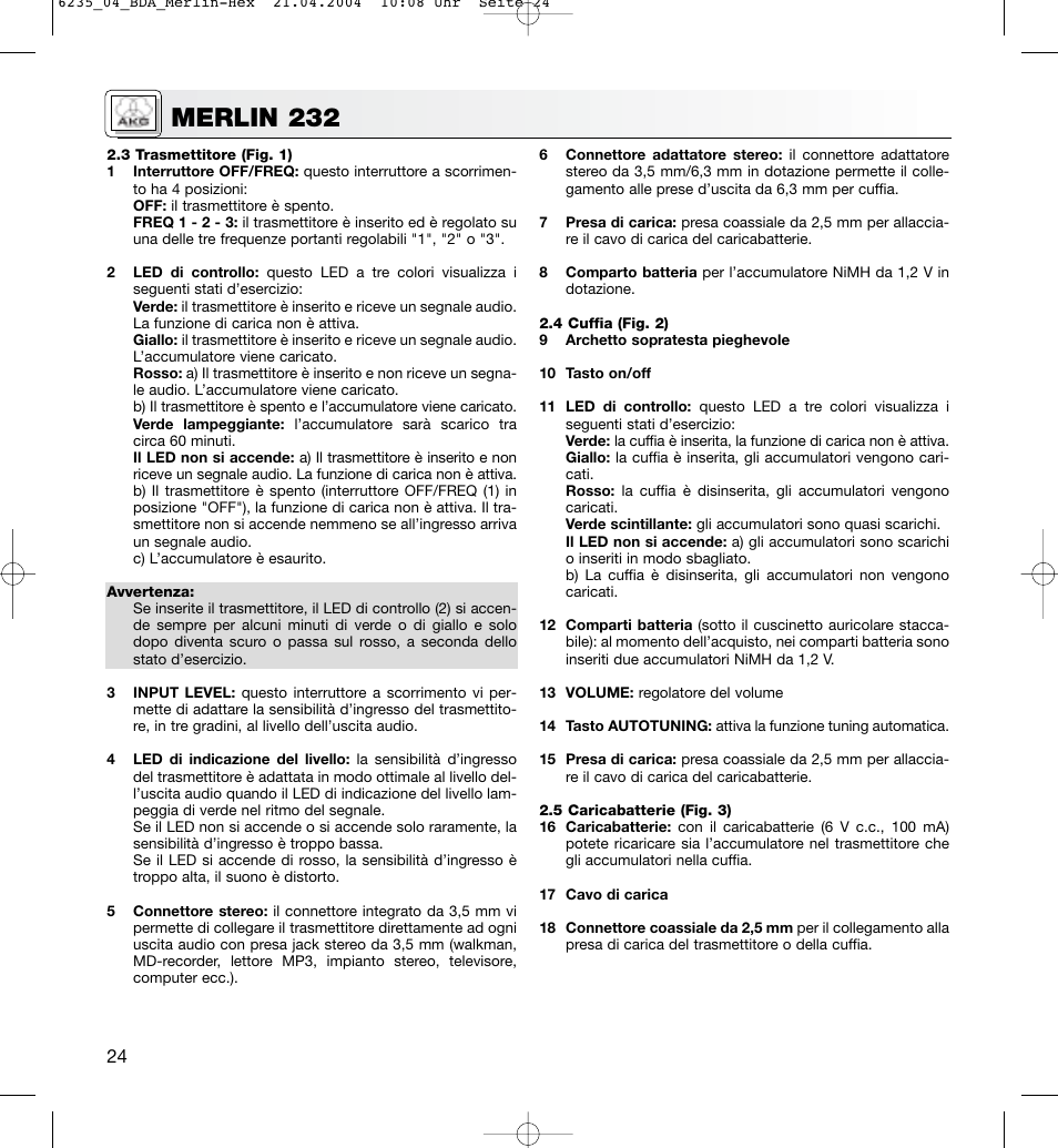 Merlin 232 | AKG Acoustics MERLIN 232 User Manual | Page 24 / 48
