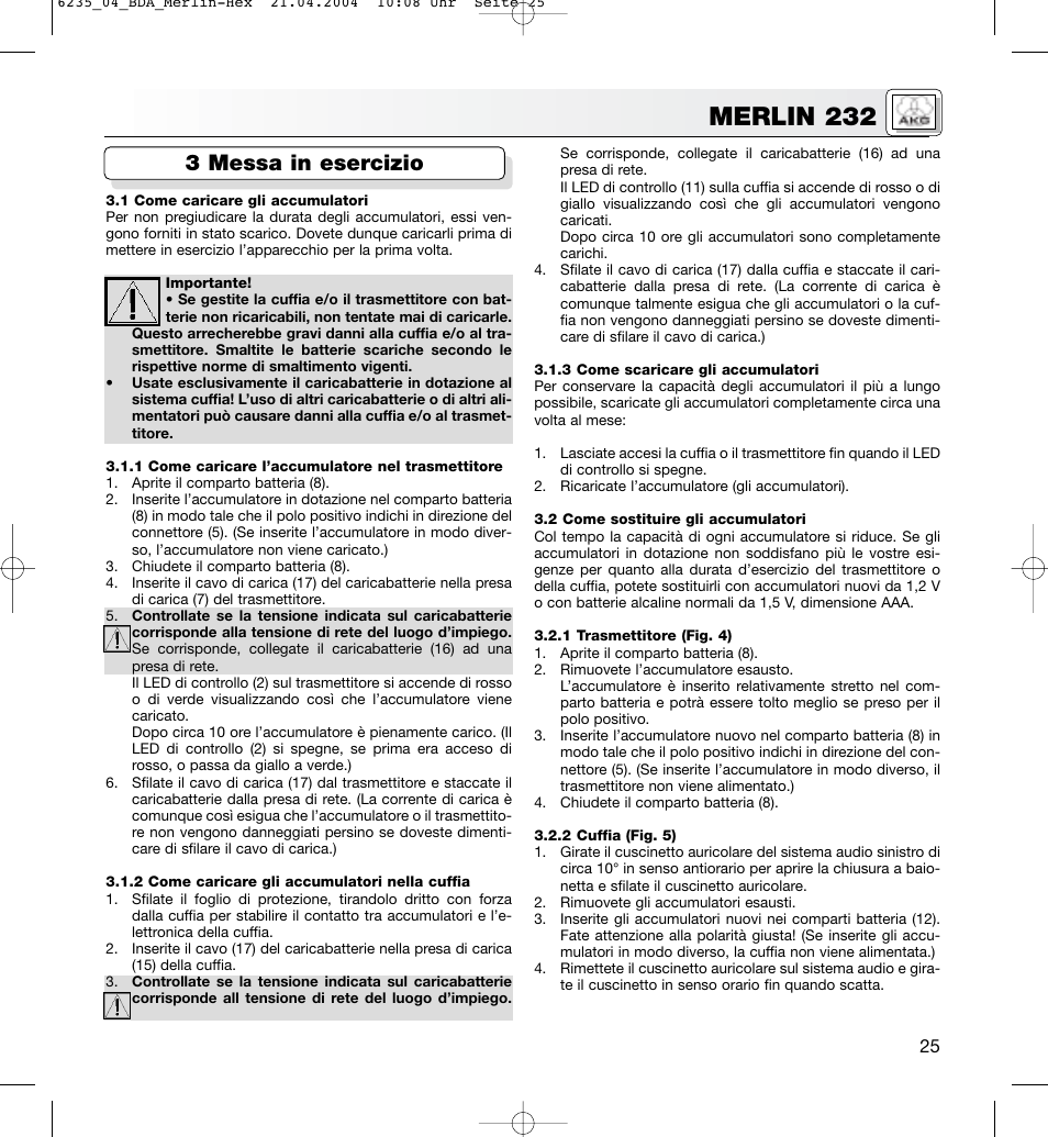 Merlin 232, 3 messa in esercizio | AKG Acoustics MERLIN 232 User Manual | Page 25 / 48