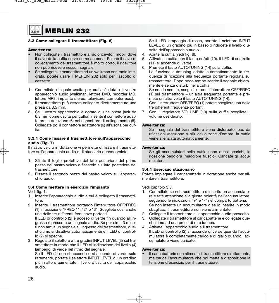 Merlin 232 | AKG Acoustics MERLIN 232 User Manual | Page 26 / 48