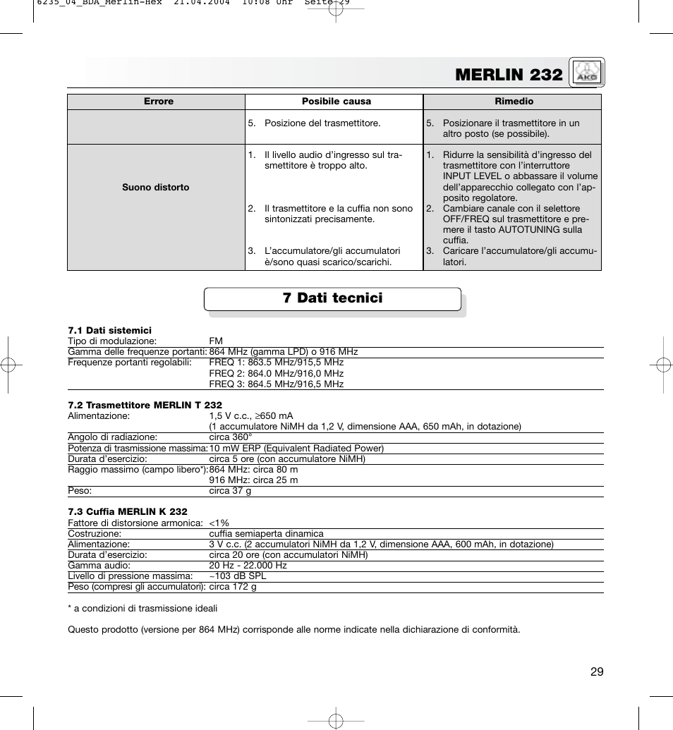 Merlin 232, 7 dati tecnici | AKG Acoustics MERLIN 232 User Manual | Page 29 / 48