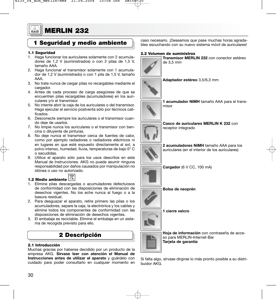 Merlin 232, 1 seguridad y medio ambiente 2 descripción | AKG Acoustics MERLIN 232 User Manual | Page 30 / 48