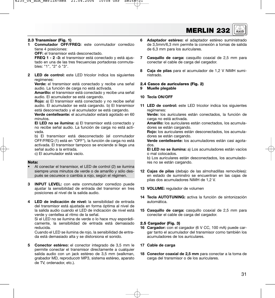 Merlin 232 | AKG Acoustics MERLIN 232 User Manual | Page 31 / 48