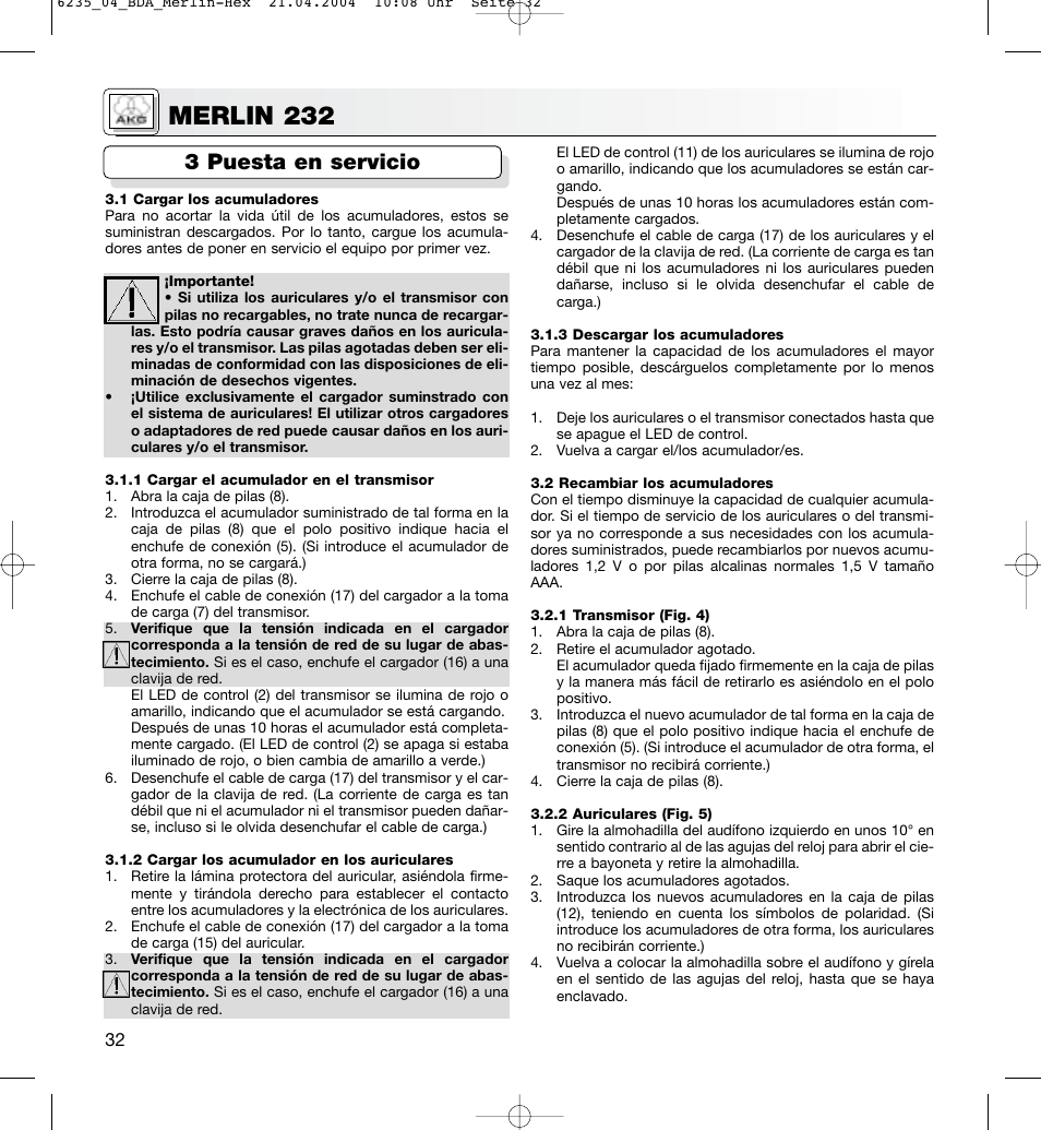 Merlin 232, 3 puesta en servicio | AKG Acoustics MERLIN 232 User Manual | Page 32 / 48