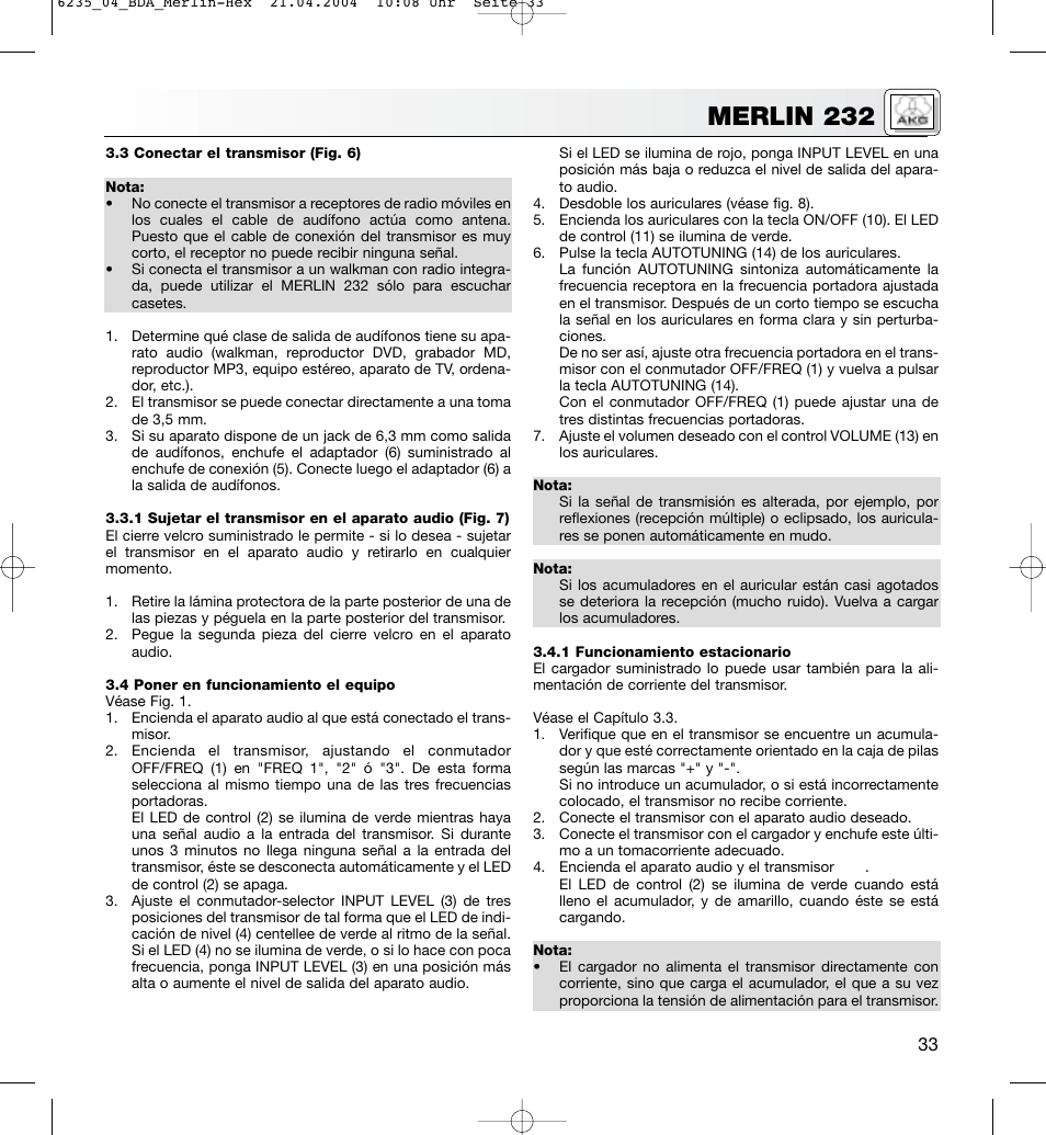 Merlin 232 | AKG Acoustics MERLIN 232 User Manual | Page 33 / 48
