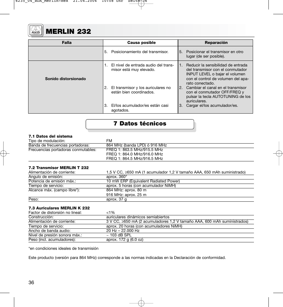 Merlin 232, 7 datos técnicos | AKG Acoustics MERLIN 232 User Manual | Page 36 / 48
