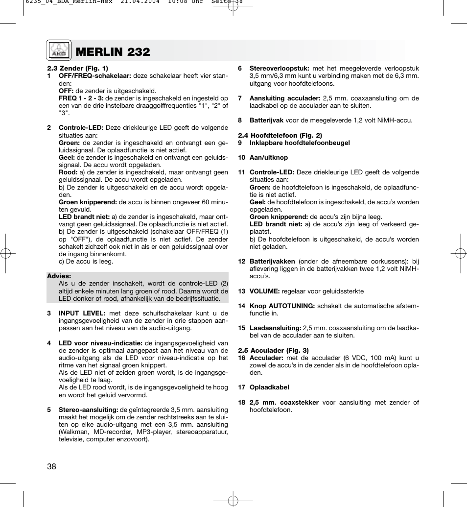 Merlin 232 | AKG Acoustics MERLIN 232 User Manual | Page 38 / 48