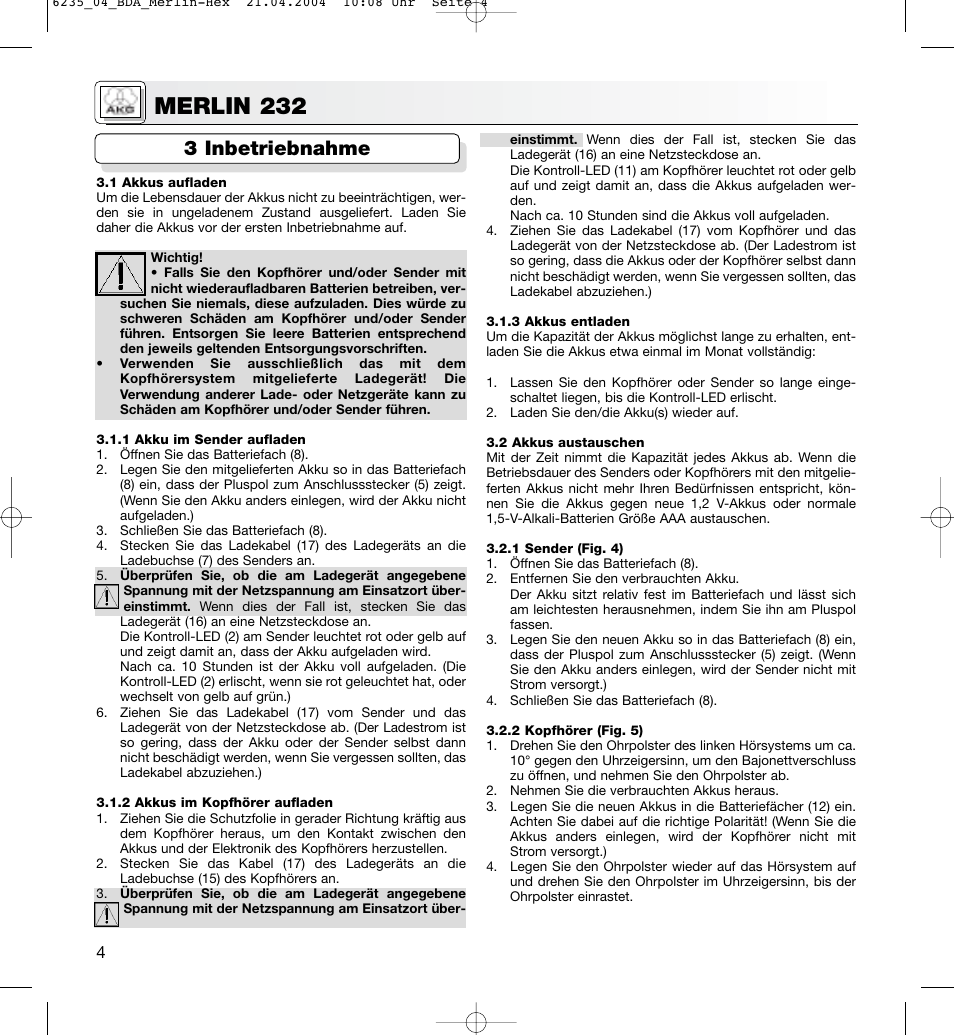 Merlin 232, 3 inbetriebnahme | AKG Acoustics MERLIN 232 User Manual | Page 4 / 48