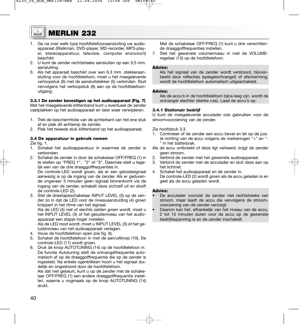 Merlin 232 | AKG Acoustics MERLIN 232 User Manual | Page 40 / 48