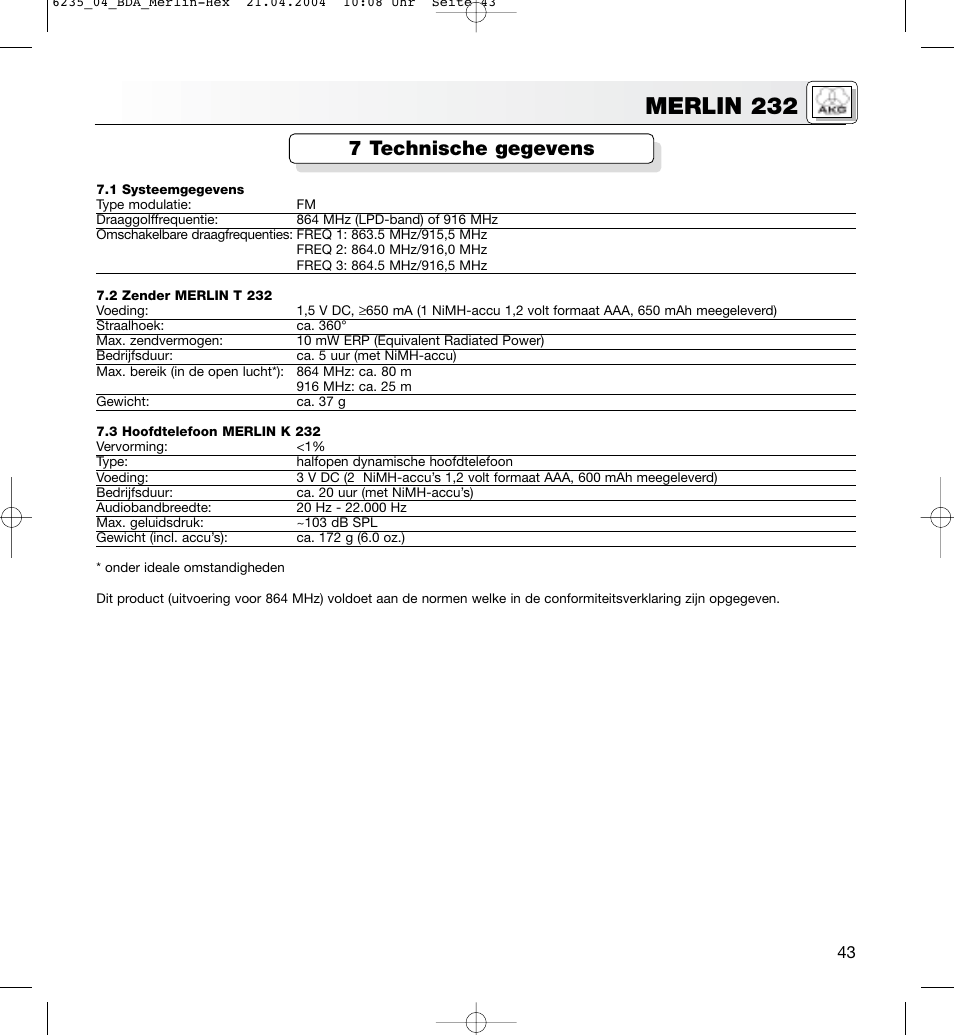 Merlin 232, 7 technische gegevens | AKG Acoustics MERLIN 232 User Manual | Page 43 / 48