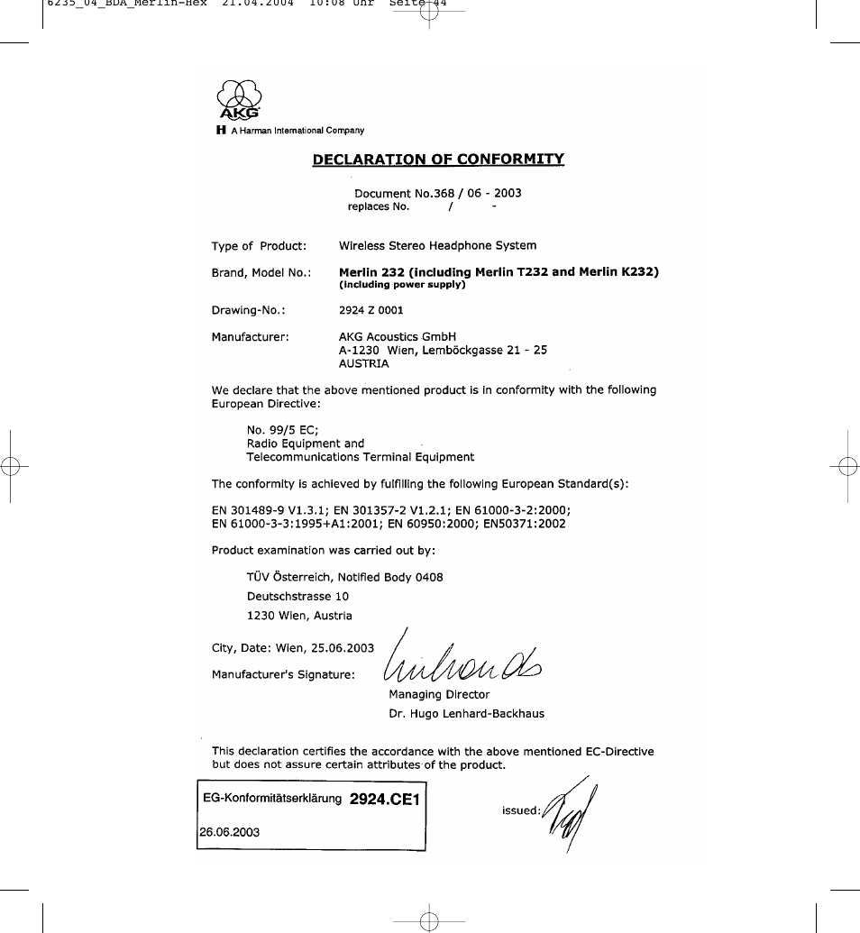 AKG Acoustics MERLIN 232 User Manual | Page 44 / 48