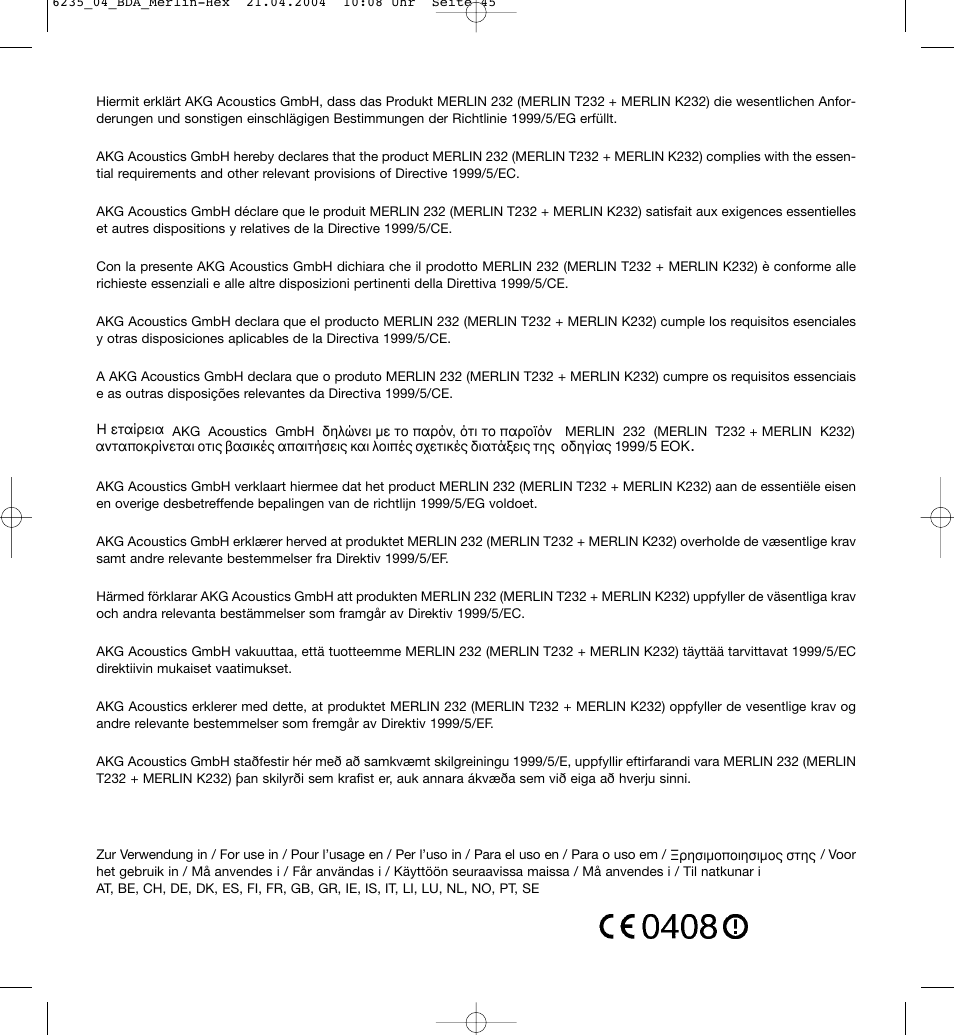 AKG Acoustics MERLIN 232 User Manual | Page 45 / 48
