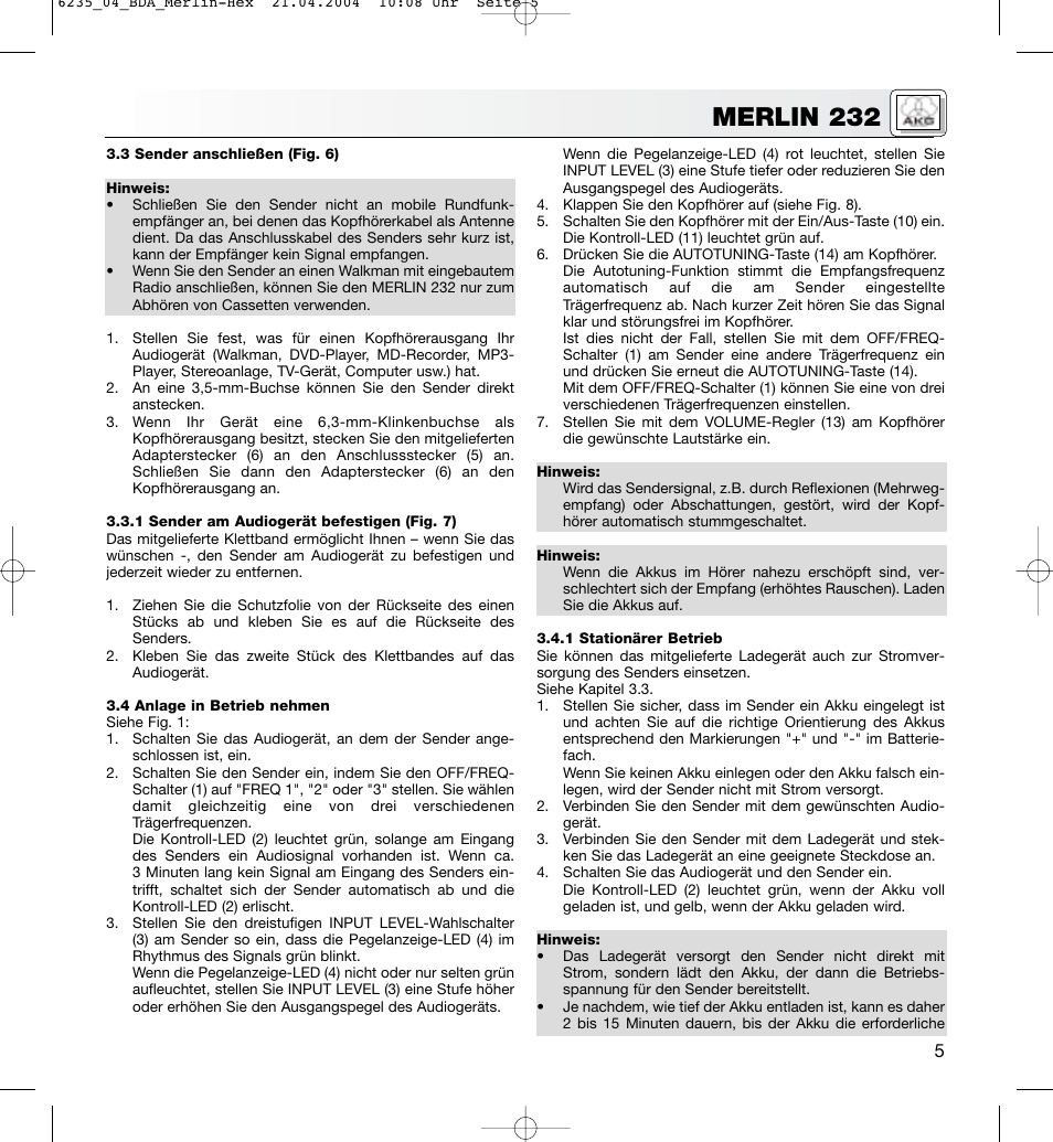 Merlin 232 | AKG Acoustics MERLIN 232 User Manual | Page 5 / 48