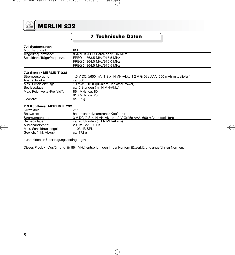 Merlin 232, 7 technische daten | AKG Acoustics MERLIN 232 User Manual | Page 8 / 48