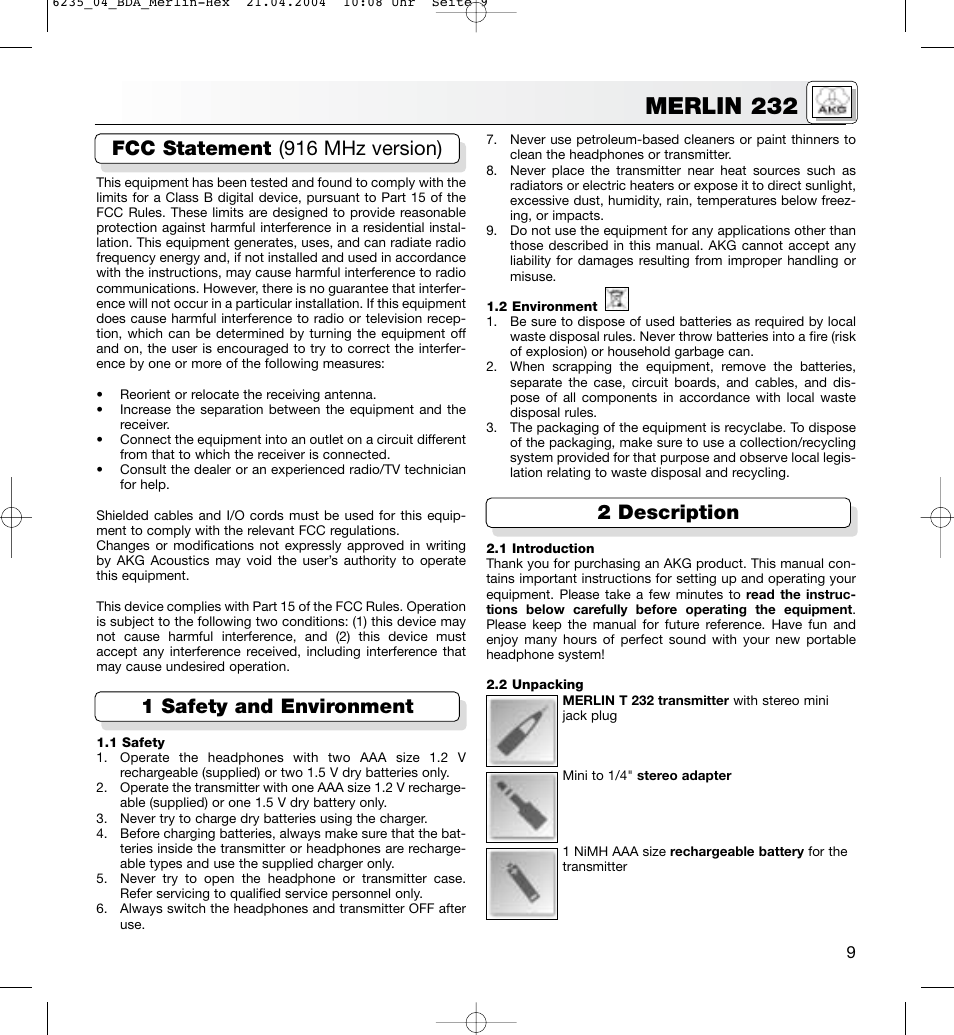 Merlin 232 | AKG Acoustics MERLIN 232 User Manual | Page 9 / 48