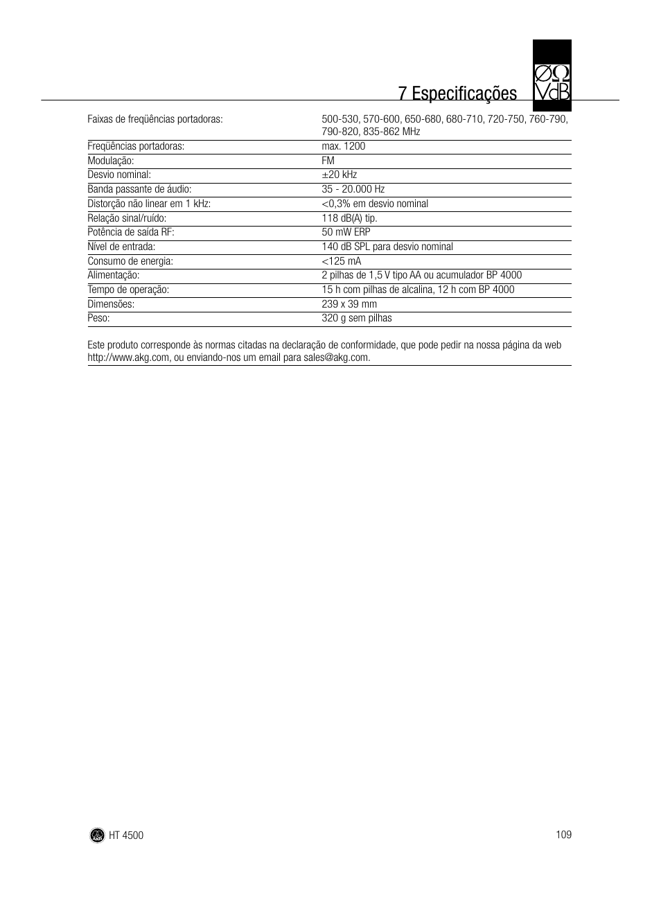 7 especificações | AKG Acoustics HT 4500 User Manual | Page 109 / 114
