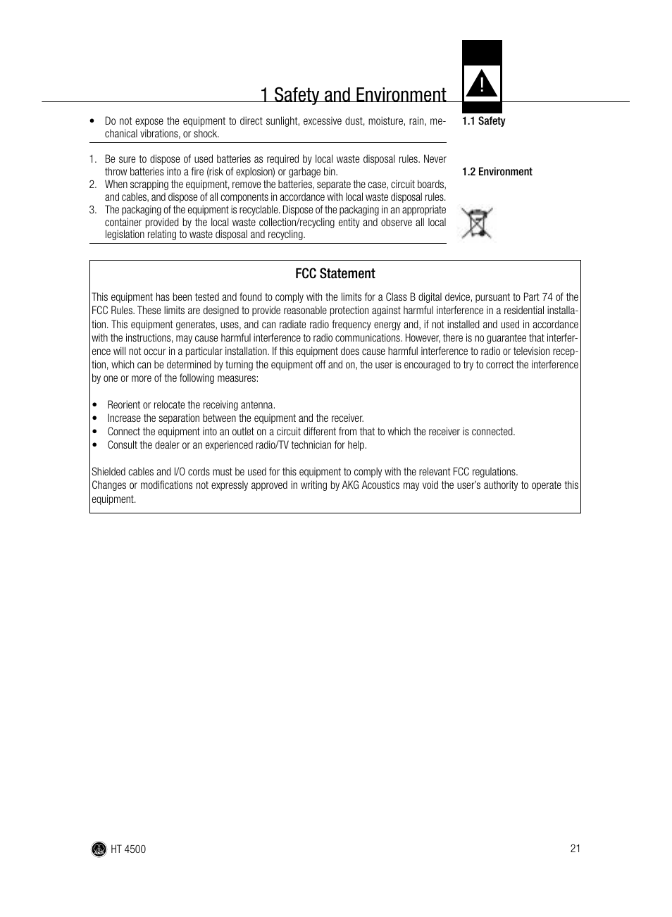 1 safety and environment | AKG Acoustics HT 4500 User Manual | Page 21 / 114