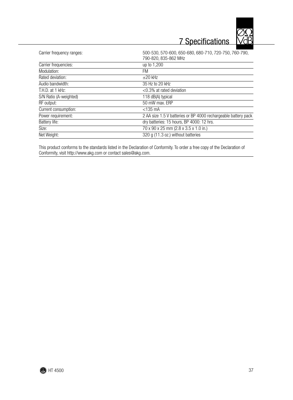 7 specifications | AKG Acoustics HT 4500 User Manual | Page 37 / 114