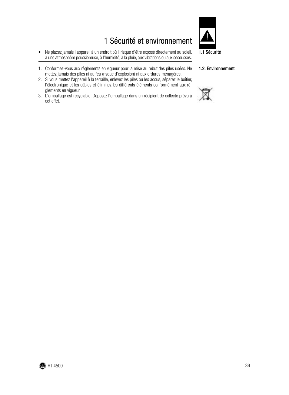 1 sécurité et environnement | AKG Acoustics HT 4500 User Manual | Page 39 / 114