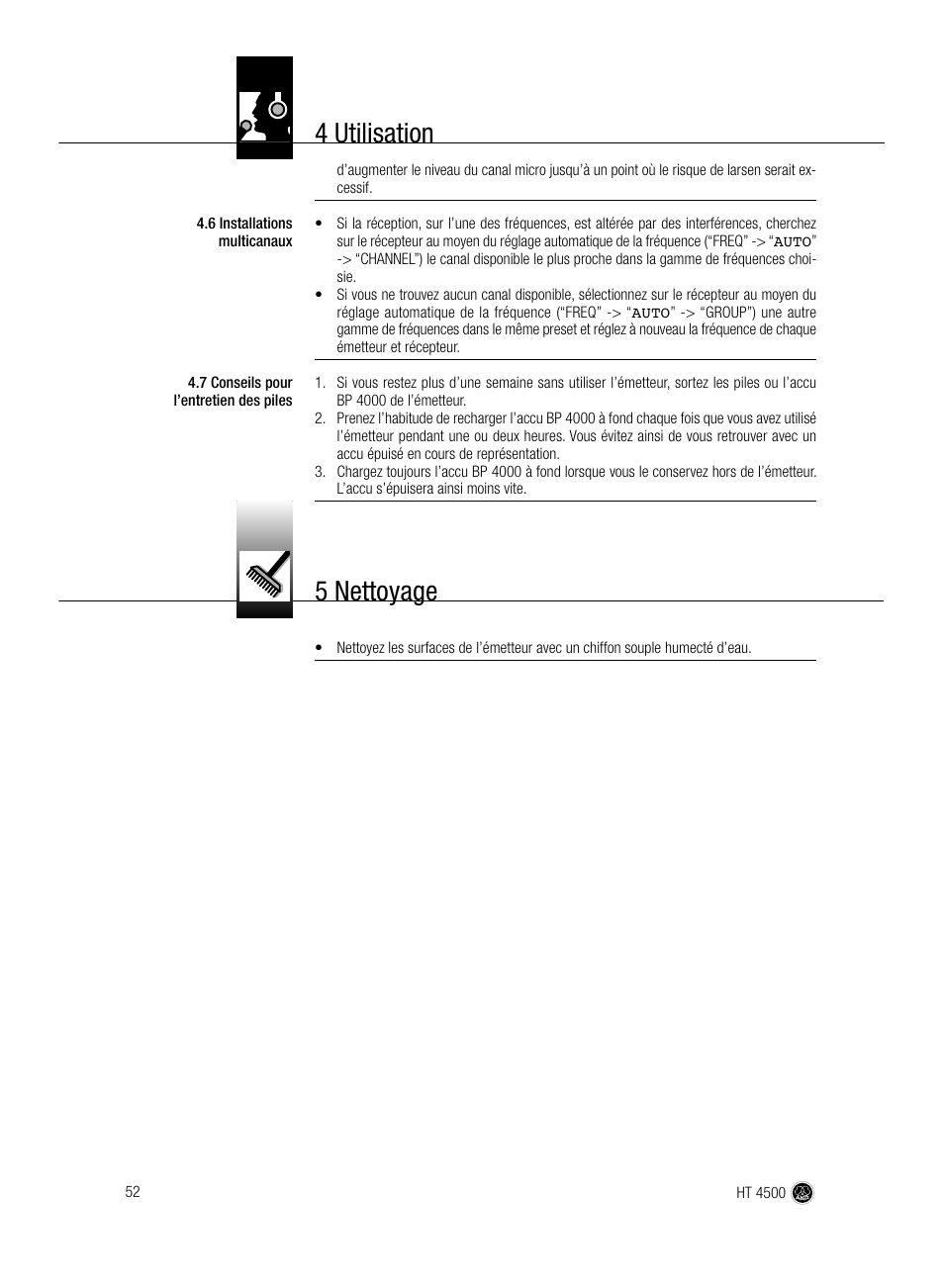 4 utilisation, 5 nettoyage | AKG Acoustics HT 4500 User Manual | Page 52 / 114