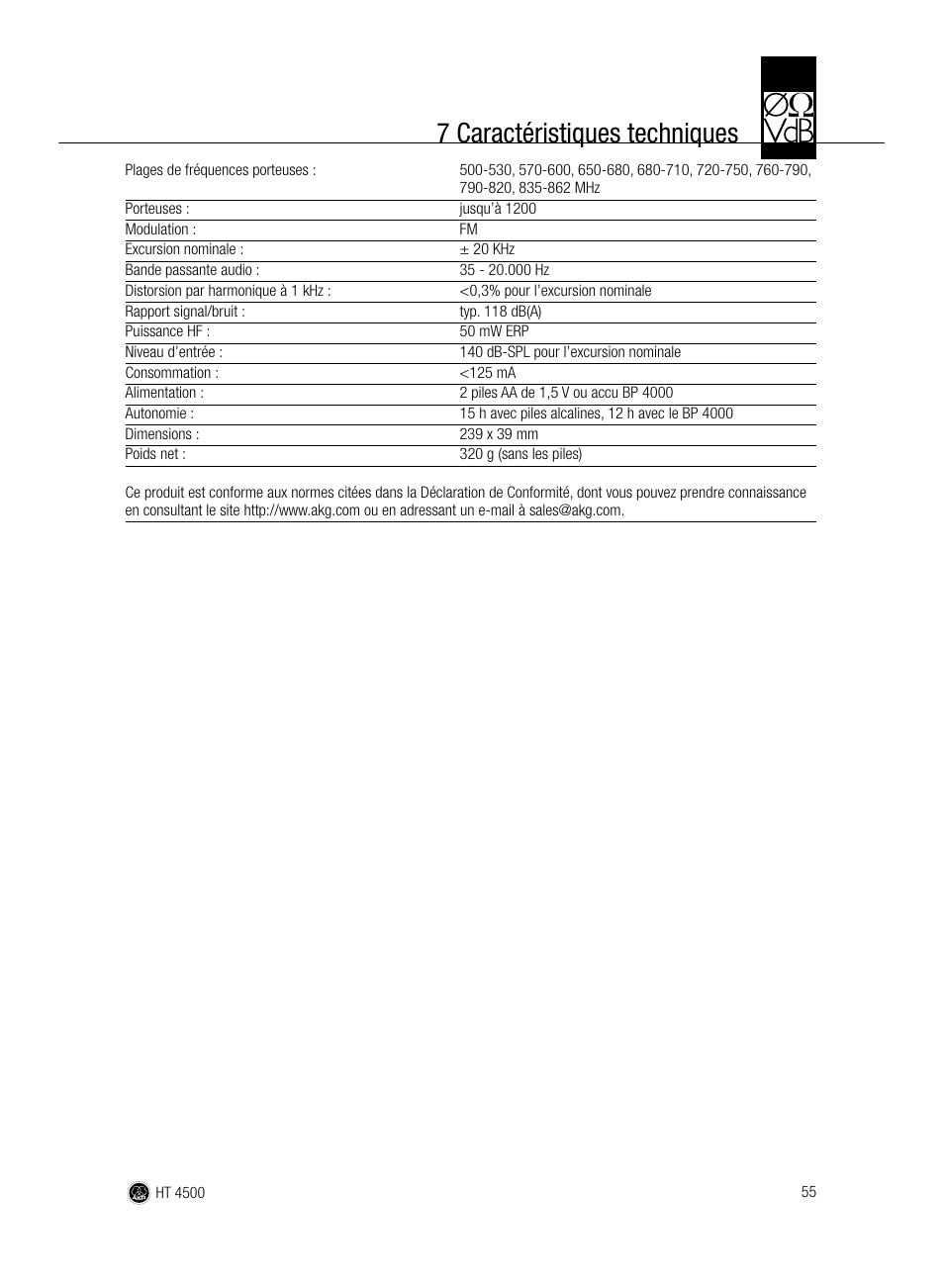 7 caractéristiques techniques | AKG Acoustics HT 4500 User Manual | Page 55 / 114