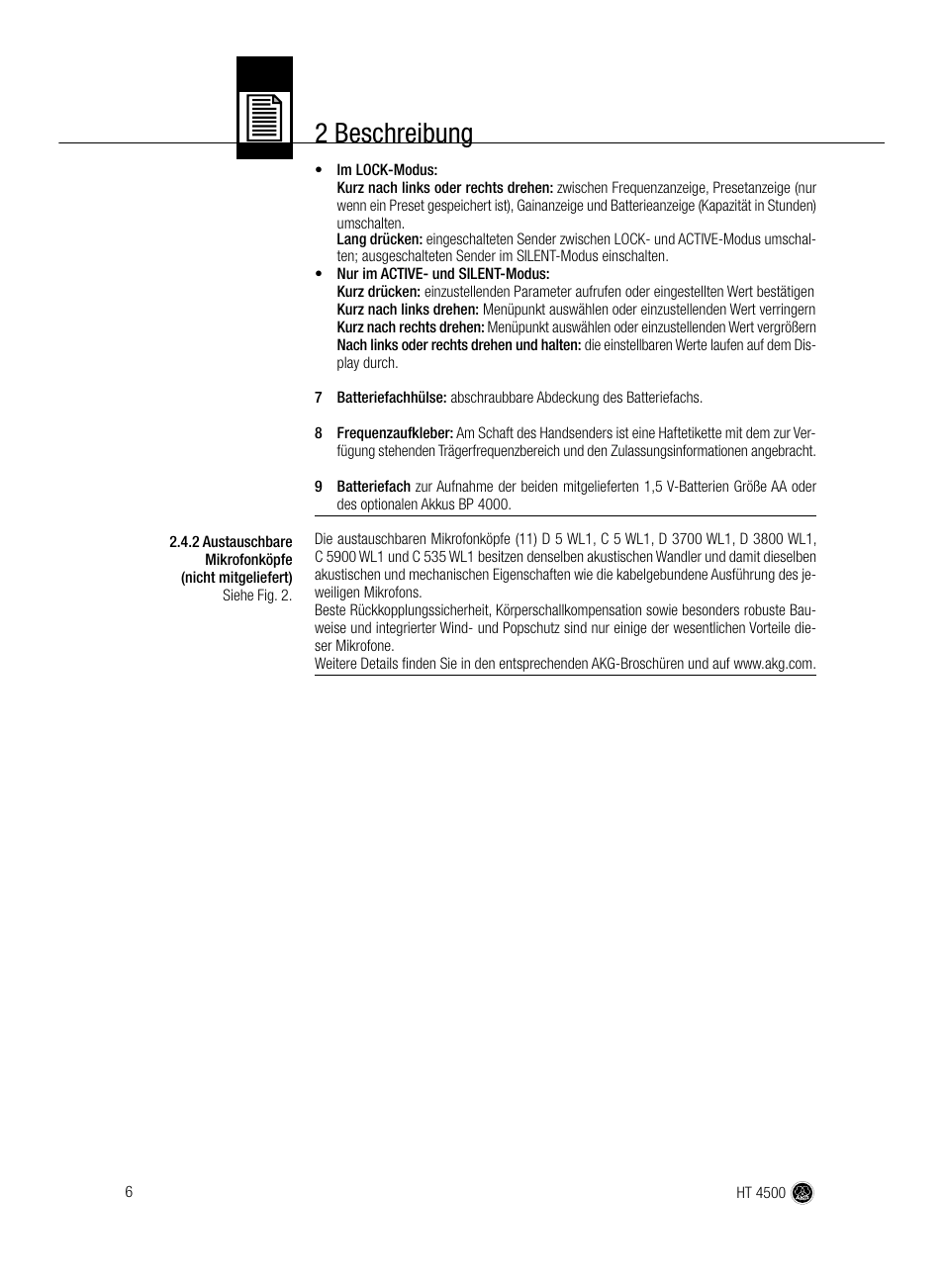 2 beschreibung | AKG Acoustics HT 4500 User Manual | Page 6 / 114