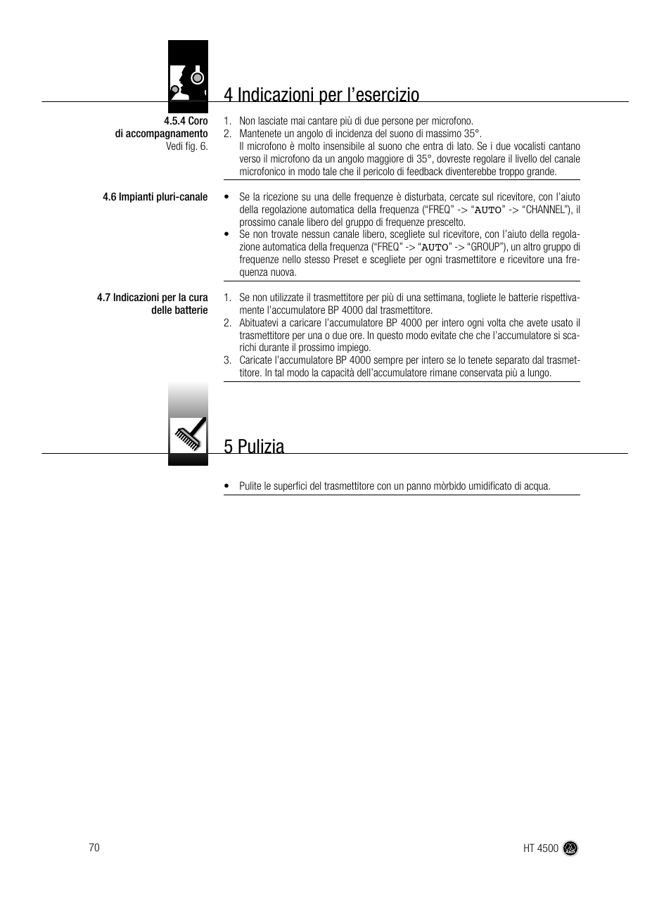4 indicazioni per l’esercizio, 5 pulizia | AKG Acoustics HT 4500 User Manual | Page 70 / 114