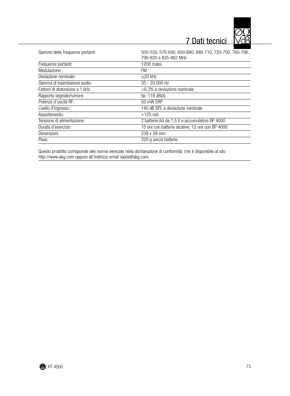 7 dati tecnici | AKG Acoustics HT 4500 User Manual | Page 73 / 114