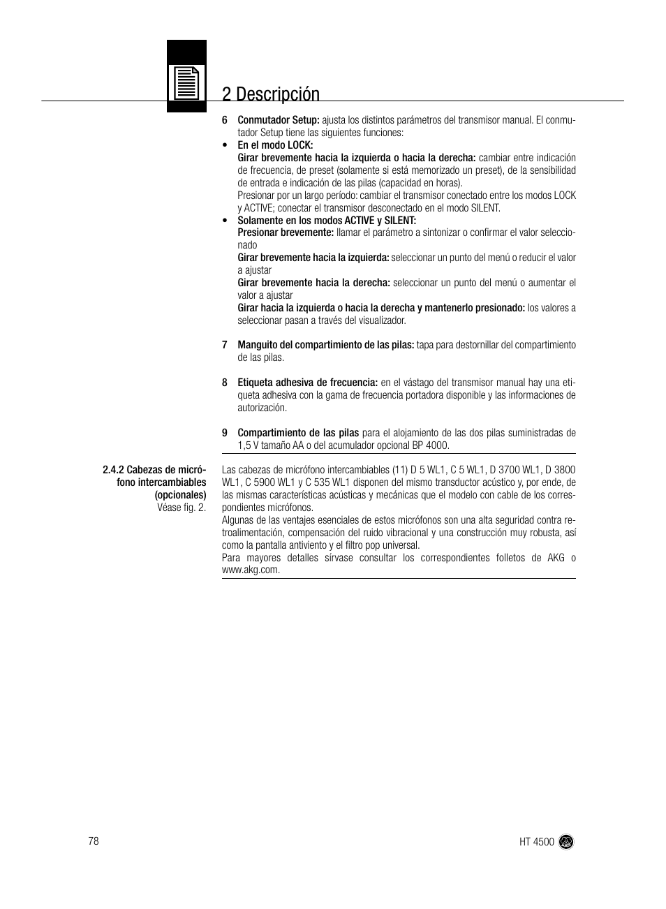 2 descripción | AKG Acoustics HT 4500 User Manual | Page 78 / 114