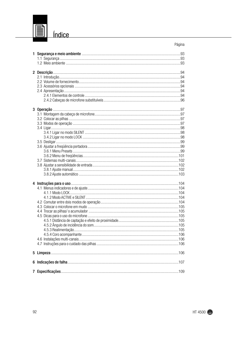 Índice | AKG Acoustics HT 4500 User Manual | Page 92 / 114