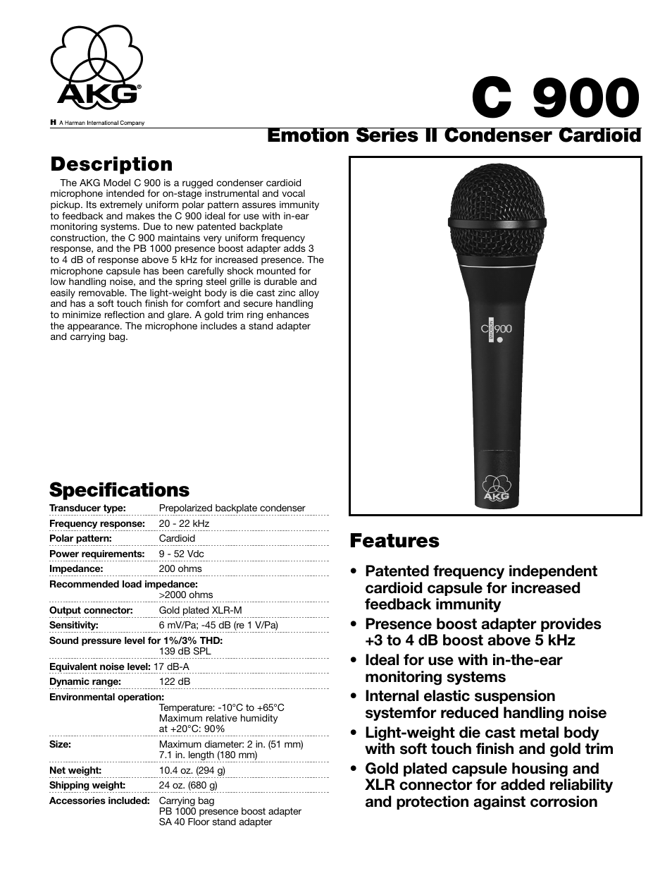 AKG Acoustics C900 User Manual | 2 pages