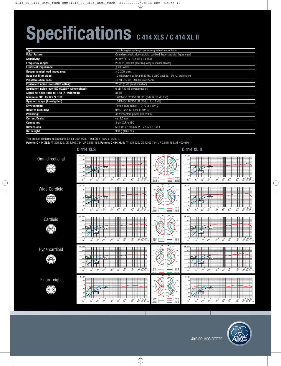 Spe specifica cificattions ions | AKG Acoustics C 414 User Manual | Page 11 / 12