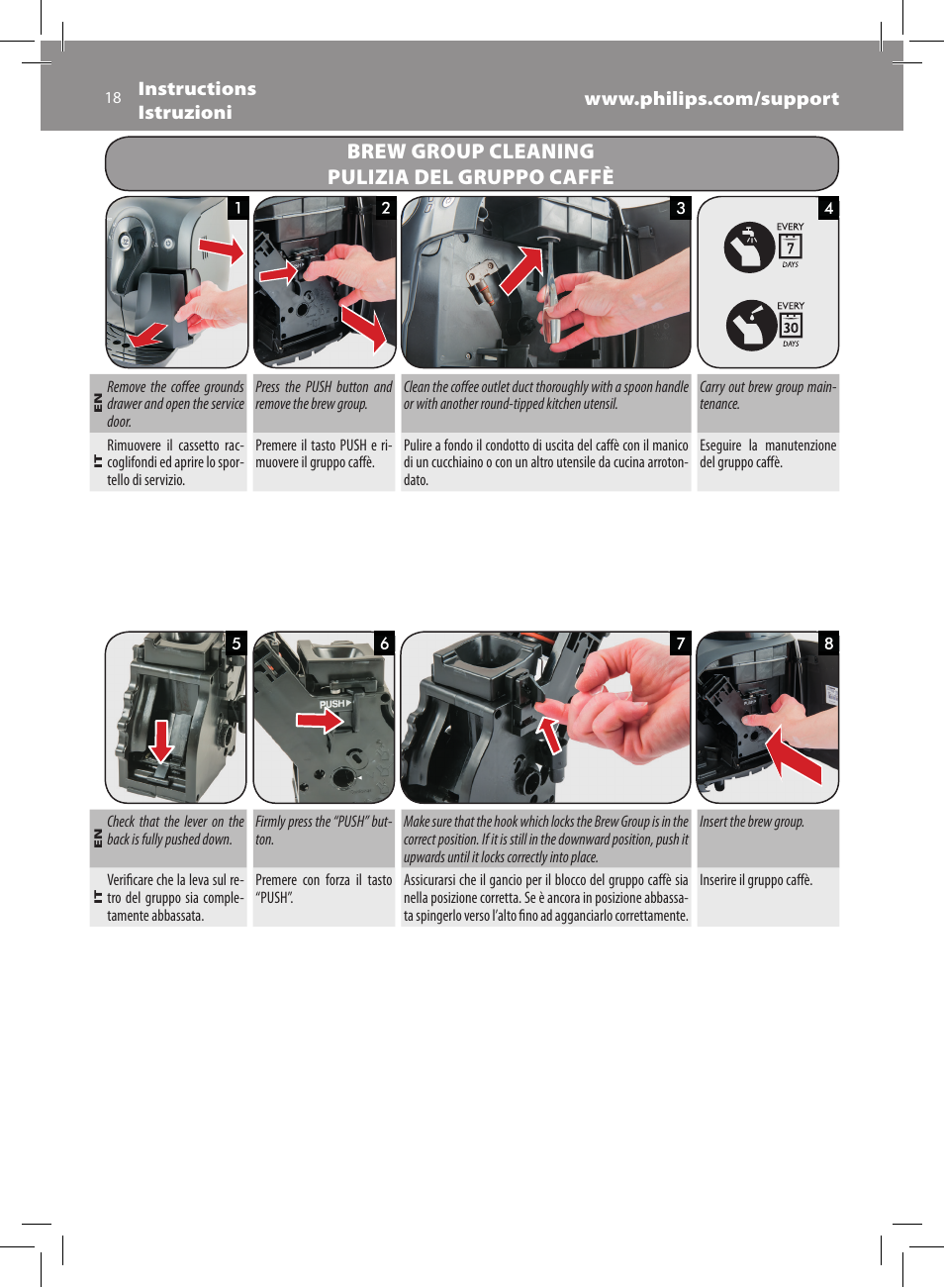 Brew group cleaning pulizia del gruppo caffè | Philips Saeco Xsmall Machine espresso Super Automatique User Manual | Page 18 / 56