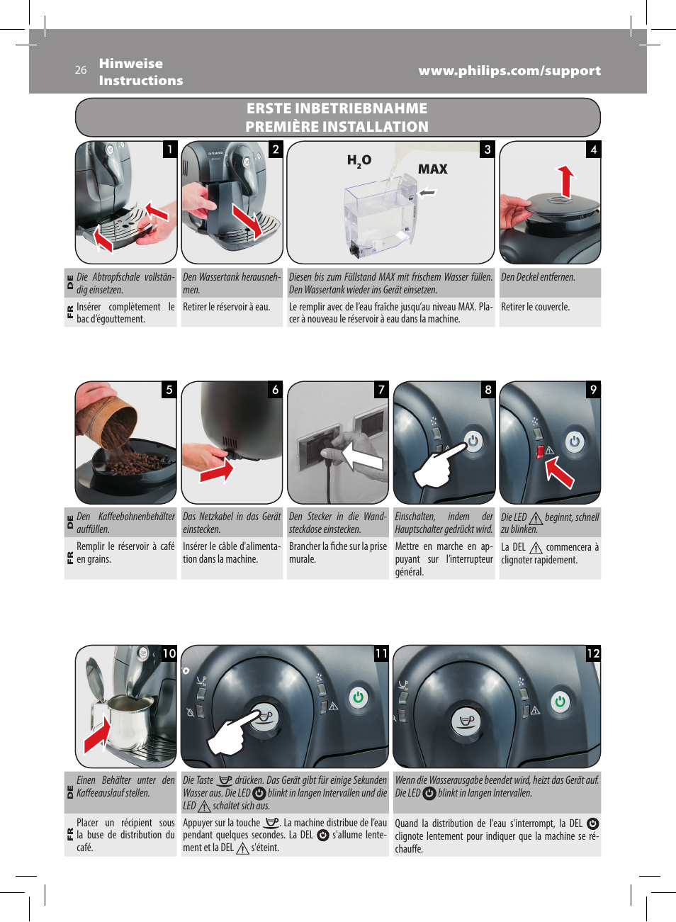 Erste inbetriebnahme première installation | Philips Saeco Xsmall Machine espresso Super Automatique User Manual | Page 26 / 56