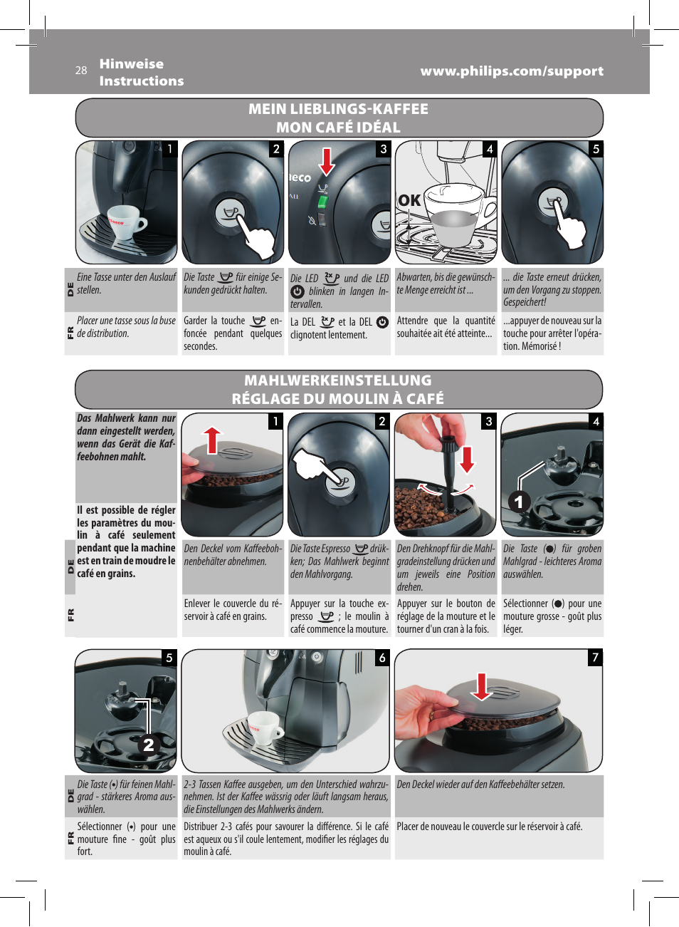 Ok 1 2, Mein lieblings-kaffee mon café idéal, Mahlwerkeinstellung réglage du moulin à café | Philips Saeco Xsmall Machine espresso Super Automatique User Manual | Page 28 / 56