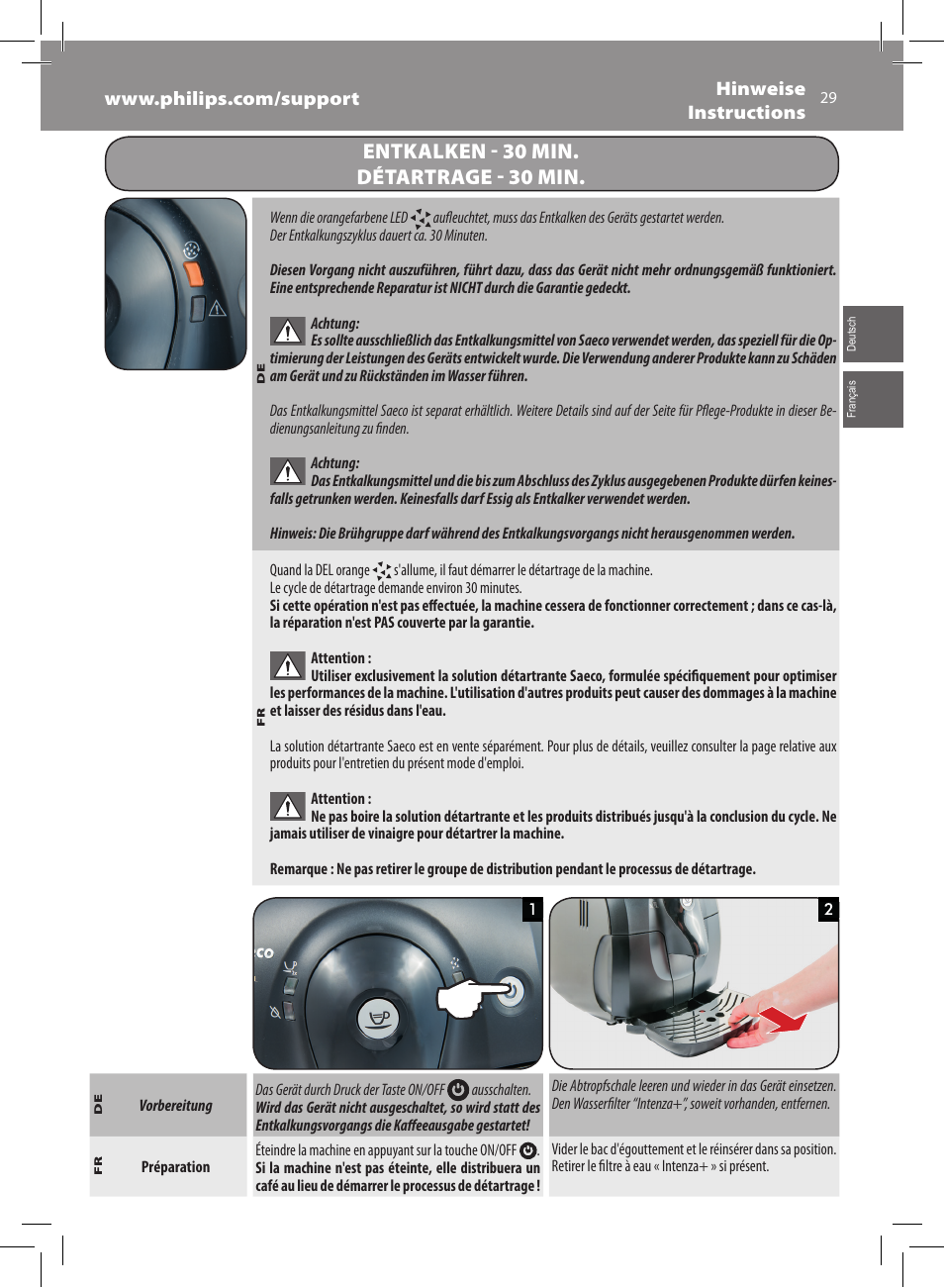 Entkalken - 30 min. détartrage - 30 min | Philips Saeco Xsmall Machine espresso Super Automatique User Manual | Page 29 / 56