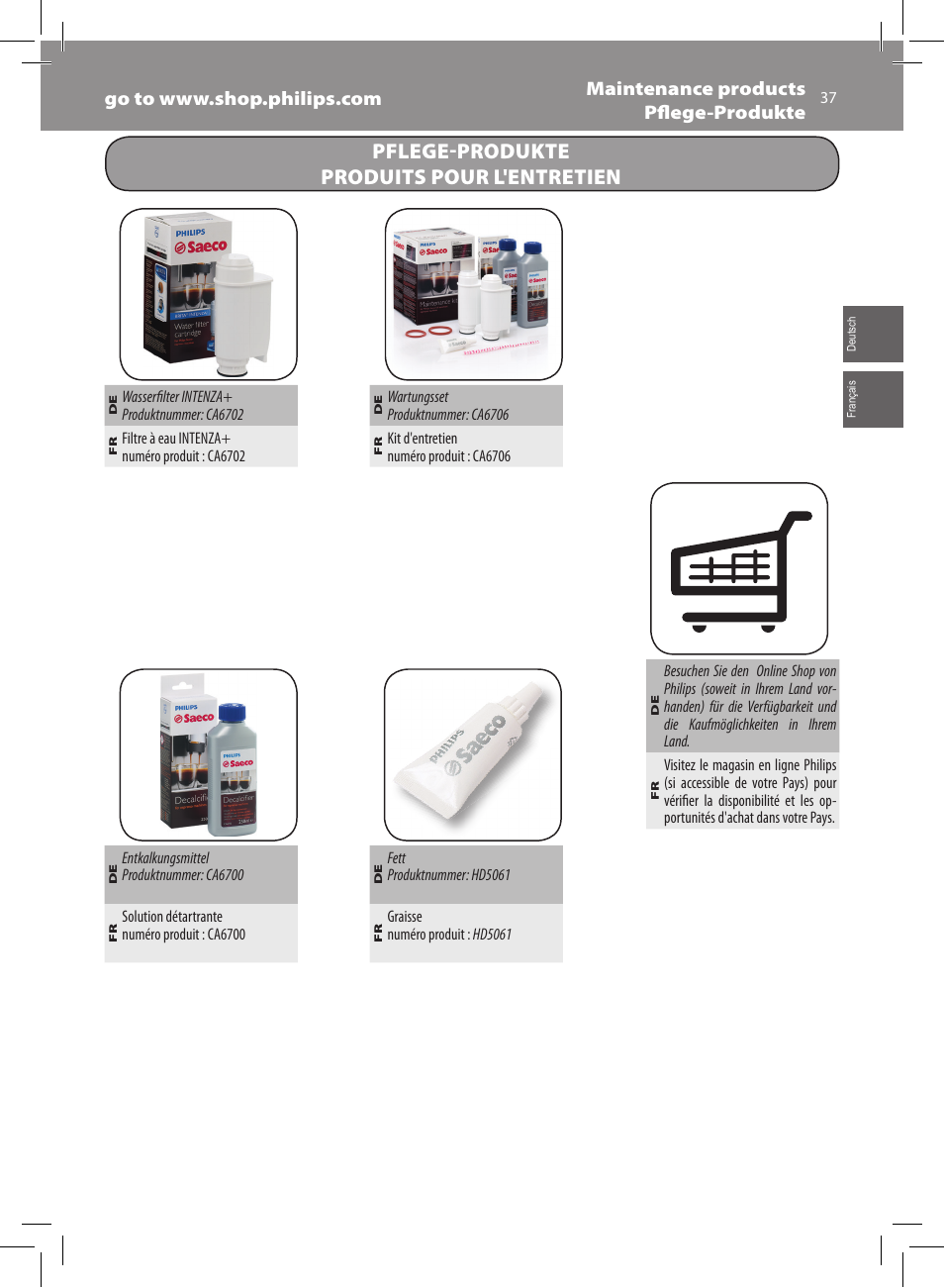 Pflege-produkte produits pour l'entretien | Philips Saeco Xsmall Machine espresso Super Automatique User Manual | Page 37 / 56