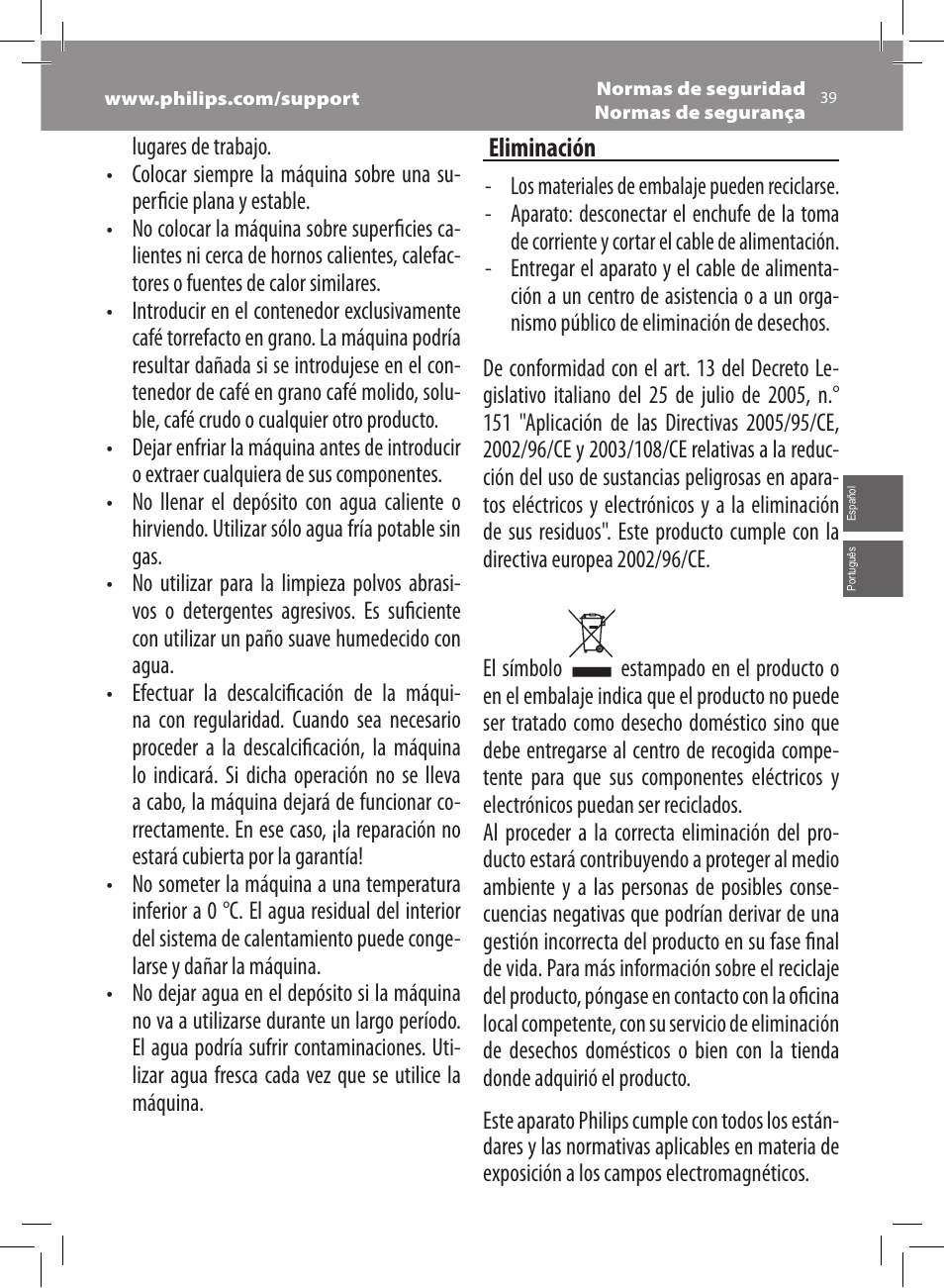Philips Saeco Xsmall Machine espresso Super Automatique User Manual | Page 39 / 56
