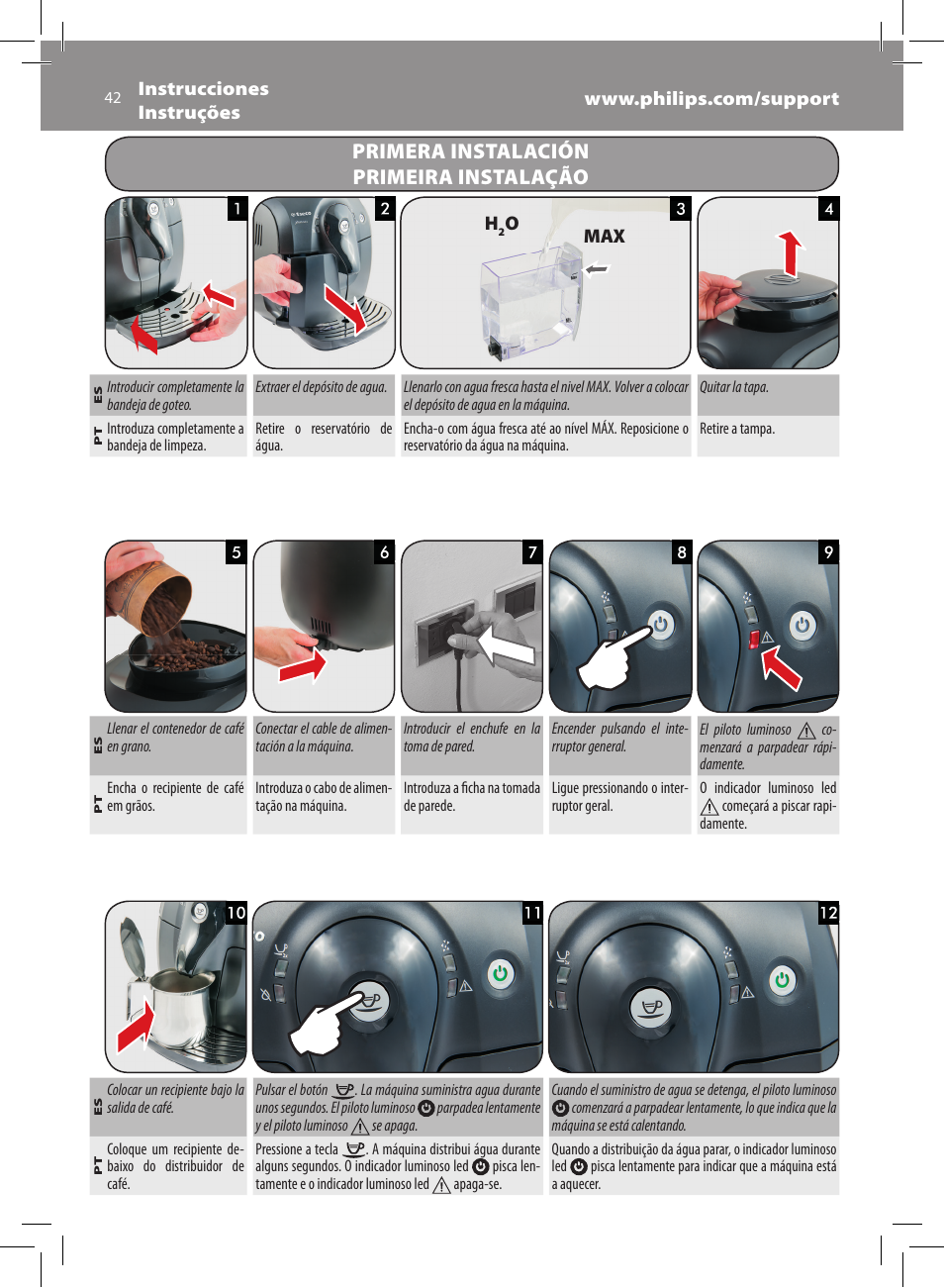 Primera instalación primeira instalação | Philips Saeco Xsmall Machine espresso Super Automatique User Manual | Page 42 / 56