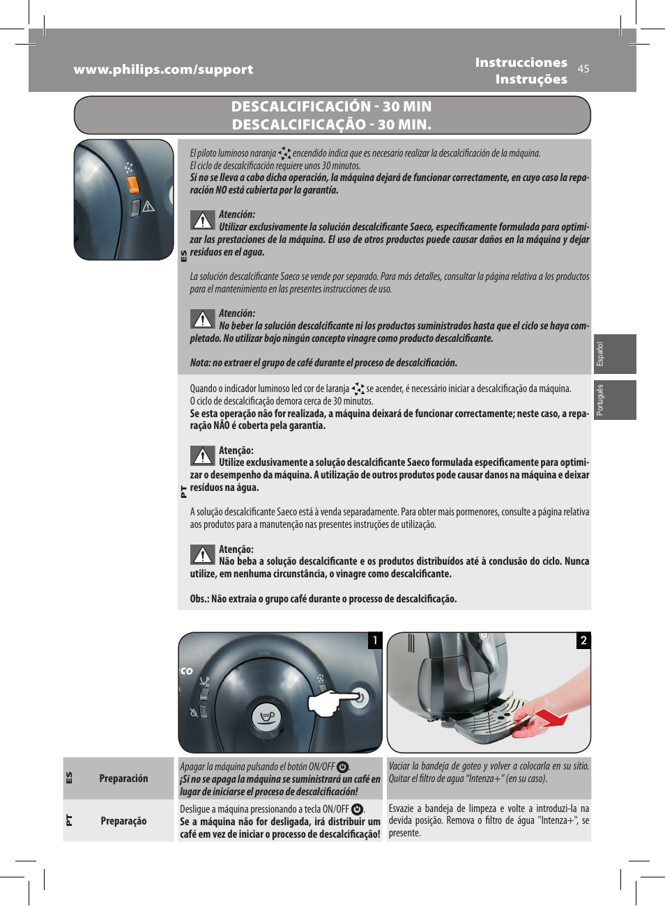Descalcificación - 30 min descalcificação - 30 min | Philips Saeco Xsmall Machine espresso Super Automatique User Manual | Page 45 / 56