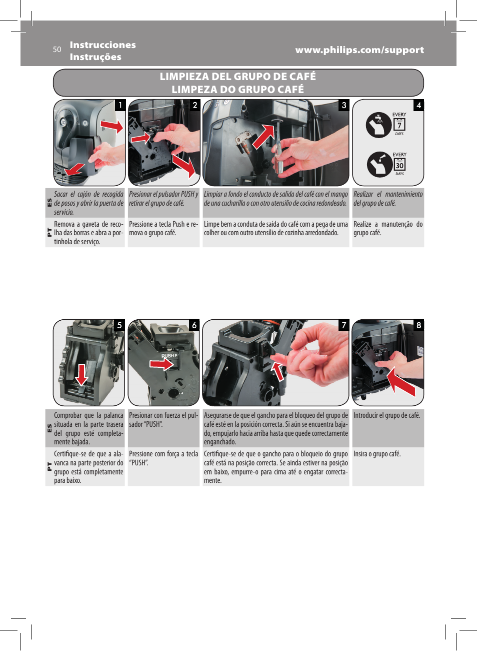 Limpieza del grupo de café limpeza do grupo café | Philips Saeco Xsmall Machine espresso Super Automatique User Manual | Page 50 / 56