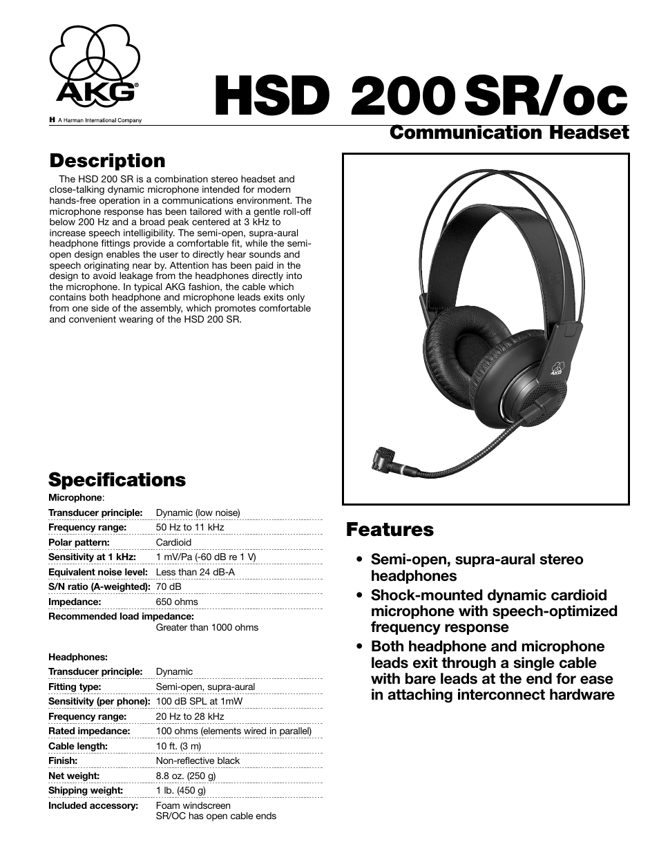 AKG Acoustics HSD 200 SR/oc User Manual | 2 pages