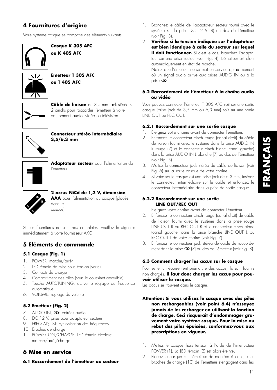 Français, 4 fournitures d’origine, 5 eléments de commande | 6 mise en service | AKG Acoustics K 305 AFC User Manual | Page 11 / 30