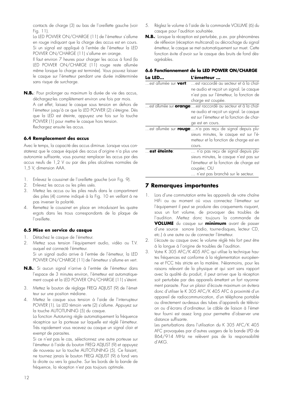 7 remarques importantes | AKG Acoustics K 305 AFC User Manual | Page 12 / 30