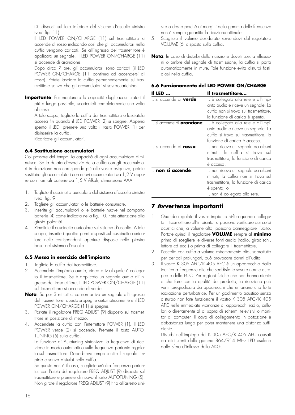 7 avvertenze importanti | AKG Acoustics K 305 AFC User Manual | Page 16 / 30