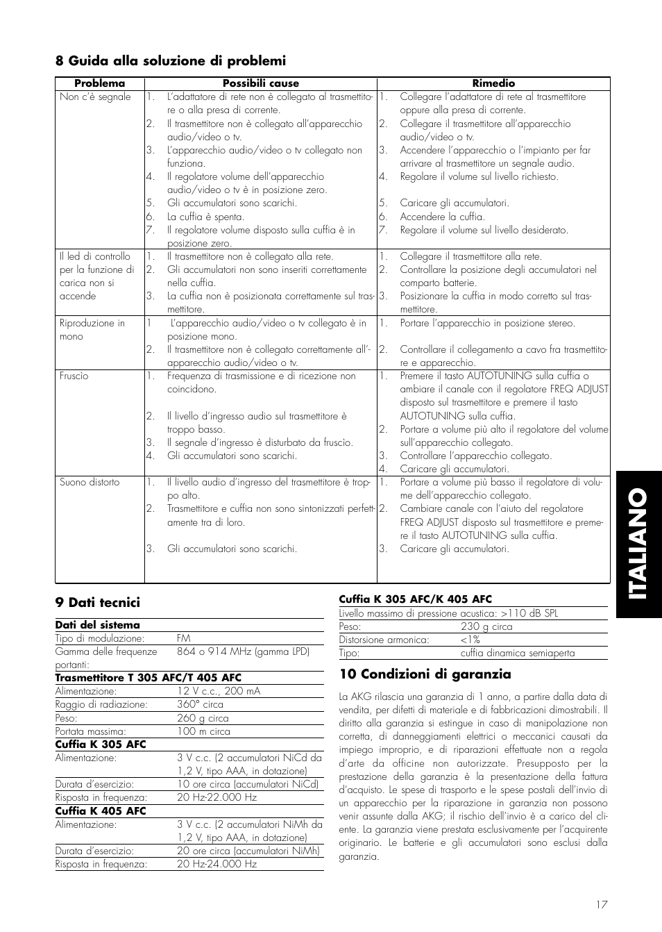 It aliano, 8 guida alla soluzione di problemi 9 dati tecnici, 10 condizioni di garanzia | AKG Acoustics K 305 AFC User Manual | Page 17 / 30