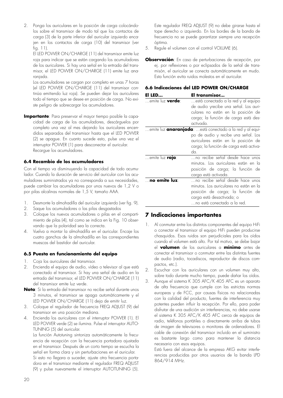 7 indicaciones importantes | AKG Acoustics K 305 AFC User Manual | Page 20 / 30