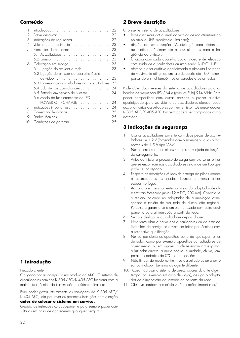 Conteúdo, 1 introdução, 2 breve descrição | 3 indicações de segurança | AKG Acoustics K 305 AFC User Manual | Page 22 / 30