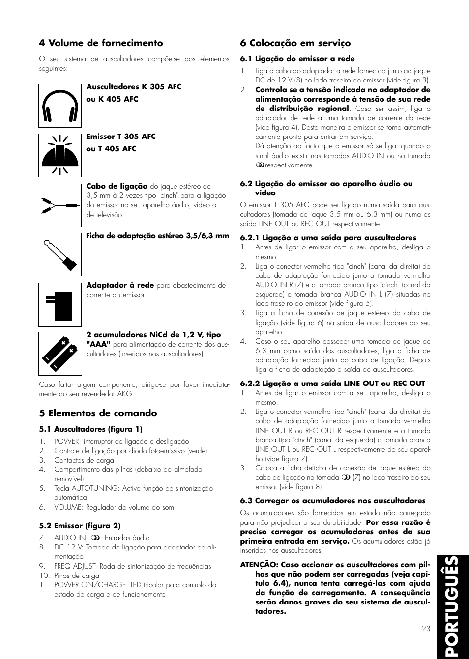 Português, 4 volume de fornecimento, 5 elementos de comando | 6 colocação em serviço | AKG Acoustics K 305 AFC User Manual | Page 23 / 30