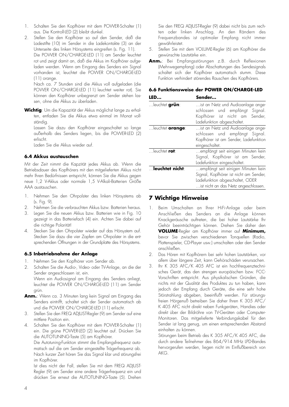 7 wichtige hinweise | AKG Acoustics K 305 AFC User Manual | Page 4 / 30